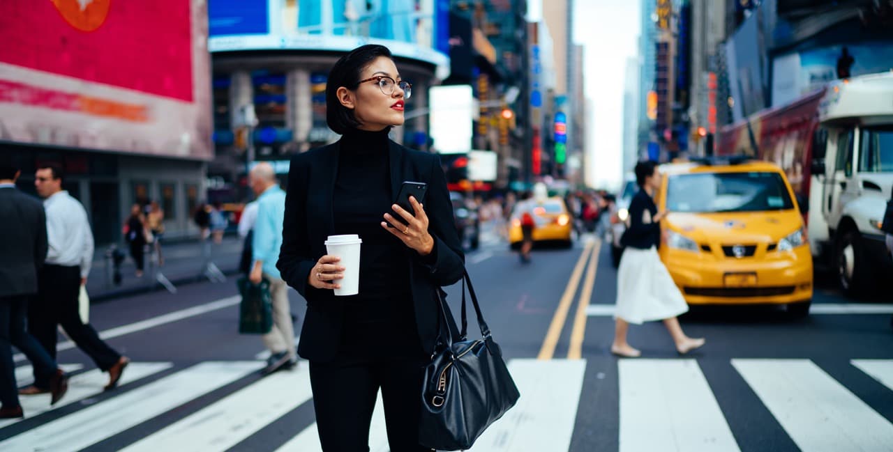 Woman with coffee on the go in New York City